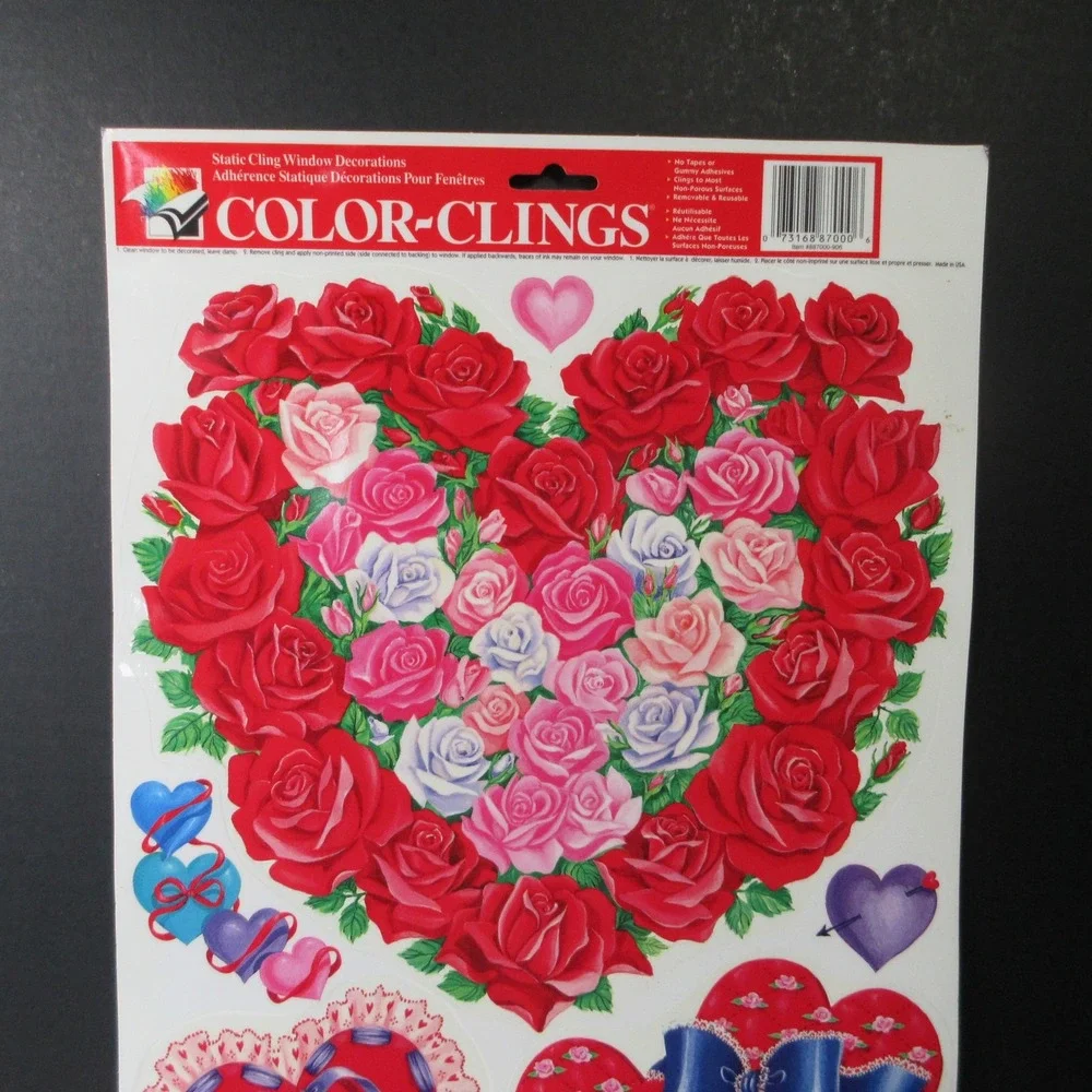 Vintage Color-Clings Valentine's Day Heart Roses Window Clings Decal Decor NEW